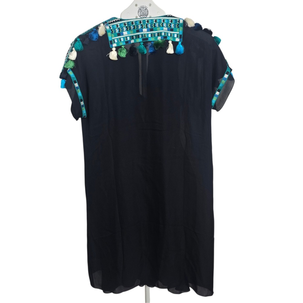 Figue Tikki Mini Dress Womens‎ XS Navy Silk Embroidered Tassel Boho Resortwear - Picture 4 of 9